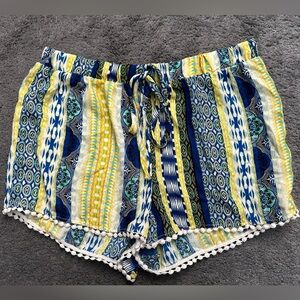 About A Girl High Waist Blue and Yellow Shorts with Pom-Pom Trim